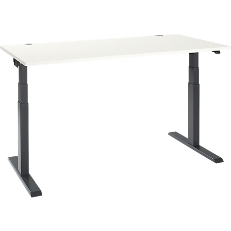 Height-adjustable desk, white tabletop, dark frame, on a white background.