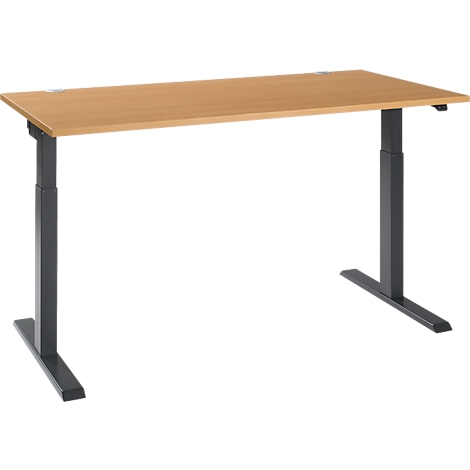 A height-adjustable desk with a light brown tabletop and black legs.