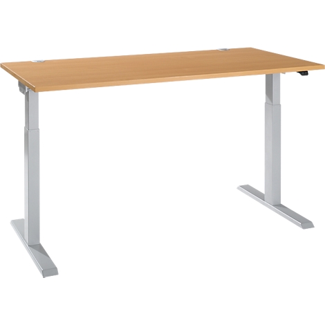 A height-adjustable desk with light wood and silver legs, isolated on a white background.
