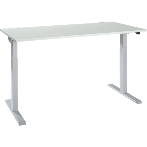 White height-adjustable desk. Tabletop, frame, and feet are light grey.