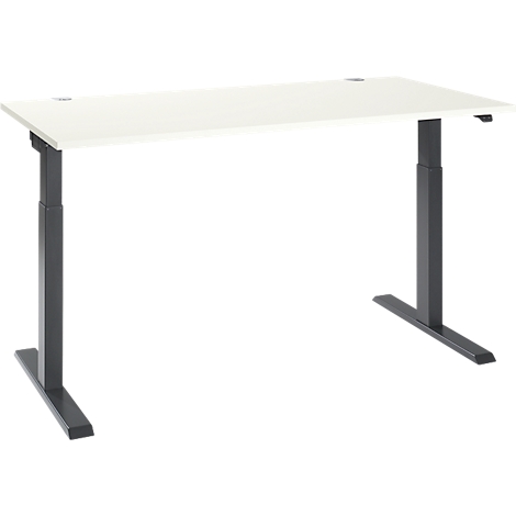A white, rectangular desk with black, adjustable legs stands against a white background.