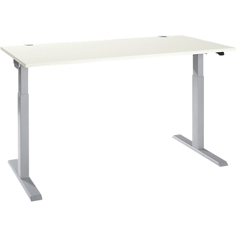 A white height-adjustable desk with gray legs, against a white background.