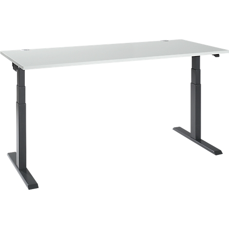 A white, height-adjustable desk with black legs. The desk is shown from the front.