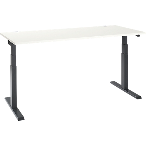 A white, rectangular desk on two black, height-adjustable legs. The desk is minimalist in design.