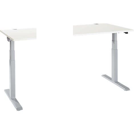 A white, height-adjustable desk with silver legs. The tabletop is rectangular.
