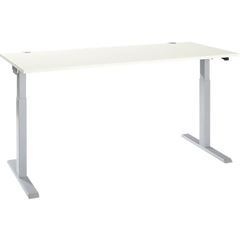 White height-adjustable desk with silver legs, isolated on a white background.