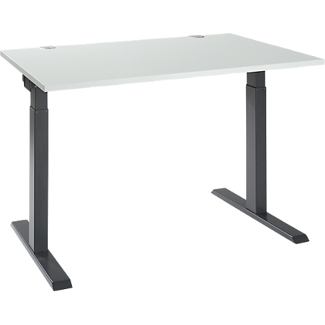 Desk with a white tabletop and gray frame, height adjustable.