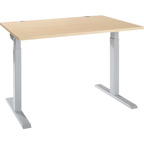 A light-colored, height-adjustable desk. It has a light wood top and gray legs secured with screws.