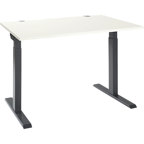 Height-adjustable desk with white tabletop and gray legs. The product is photographed against a white background.