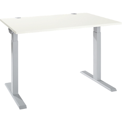 A height-adjustable desk with light grey legs and a white table top, tilted slightly upwards.