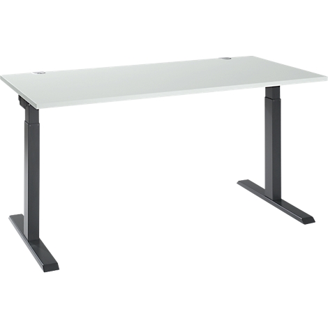 Height-adjustable desk on white background. White tabletop, grey legs.