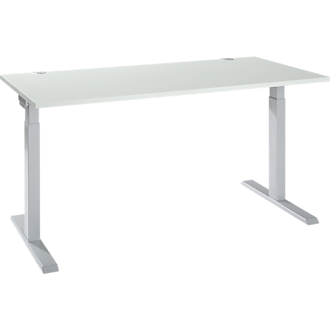 A white, rectangular desk with height-adjustable grey legs. The background is white.
