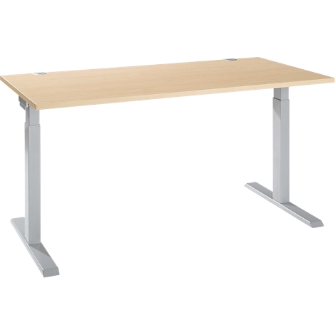 A light-colored height-adjustable desk, wooden top, silver legs, against a white background.