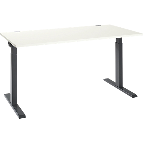 A white height-adjustable desk with a black frame, in focus.