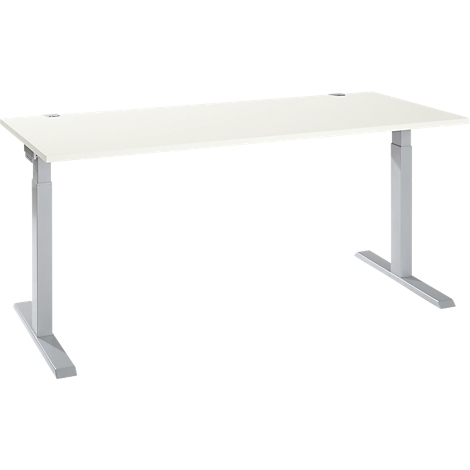 A white height-adjustable desk against a neutral background. The table legs are silver.
