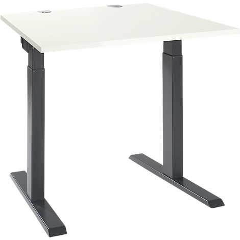 A height-adjustable desk with a white tabletop and gray legs. The design is minimalist.