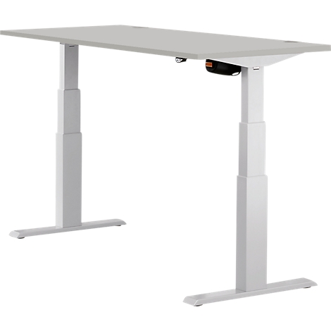 A white height-adjustable desk with a rectangular table top and two legs.