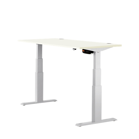 Height-adjustable desk with a light yellow tabletop and grey frame, against a white background.