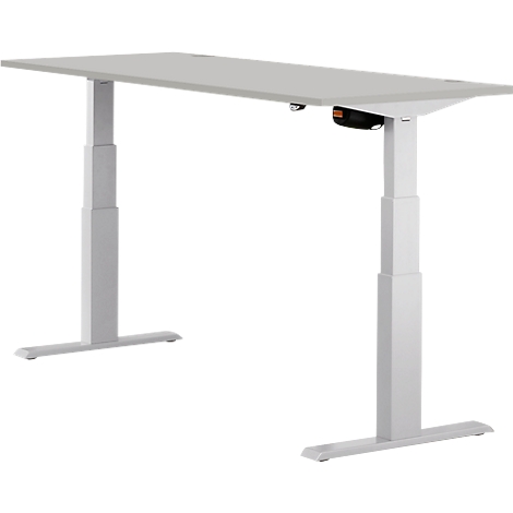 A white, height-adjustable desk. Two columns support the tabletop. The controls are visible.