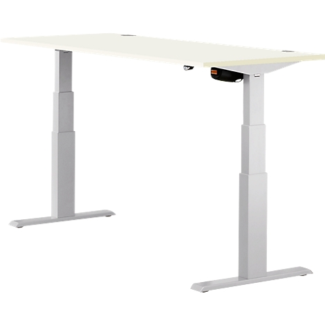 A white, height-adjustable desk against a neutral background. It has two gray legs and a control panel.