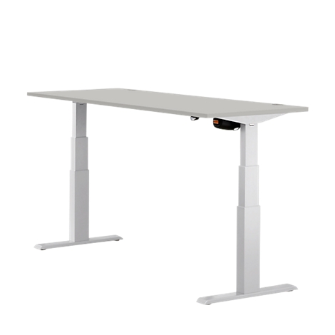 Light grey adjustable height desk against a white background.