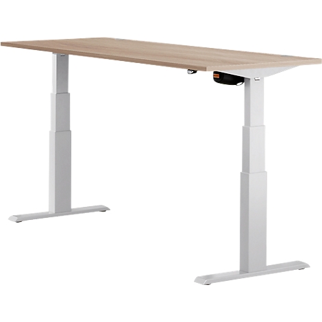 Height-adjustable desk with light wood top and white frame.