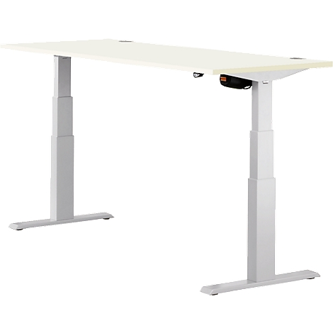 A white, height-adjustable desk. The design is minimalist with light-colored legs and tabletop.