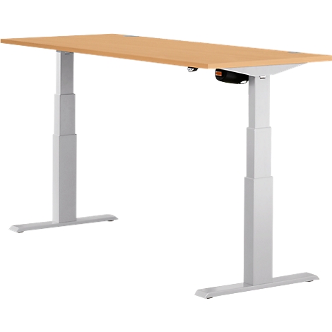Light brown, height-adjustable desk on white frame. Black control panel.