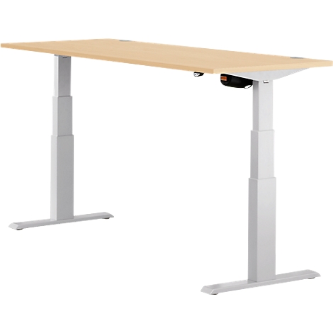A height-adjustable desk with a light wood top and white legs. A control panel is attached on the right.