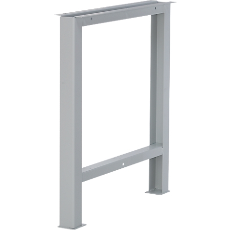 Marco de metal gris claro con forma rectangular, que puede utilizarse como pata de mesa. Las pestañas planas están fijadas a los pies y a la parte superior.