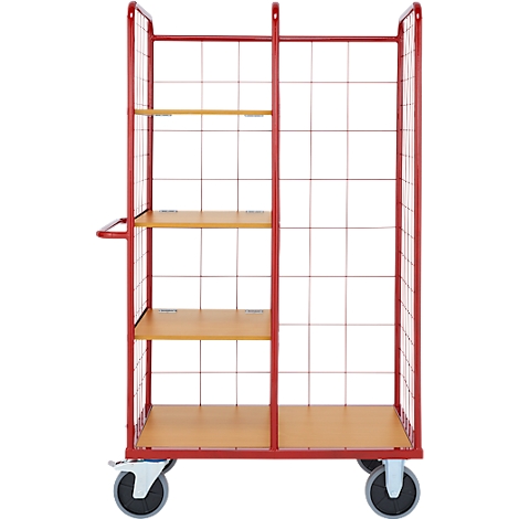 Rode transportwagen met gaaswanden, verschillende houten planken en wielen.