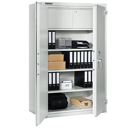 Open grey steel cabinet with several shelves. Filled with folders, boxes, and other office supplies.