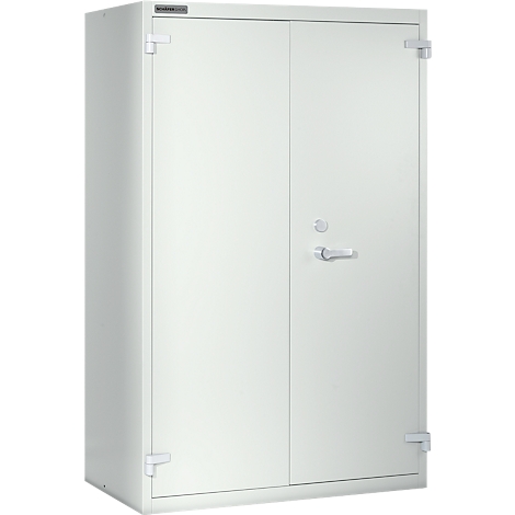White steel cabinet with double doors and handle. Hinges are attached to the door sides.