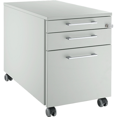 Gray mobile pedestal with three drawers and silver handles. It stands on castors.
