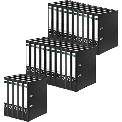 Dark file folders stacked in staggered rows. White label fields and metal rings are visible.