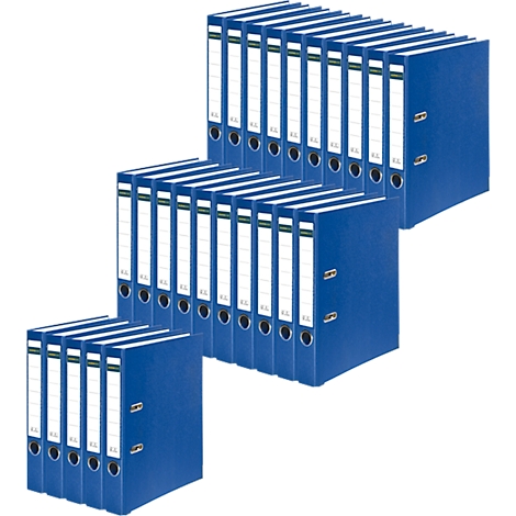 Several blue file folders, stacked. They have white labels with green stripes.