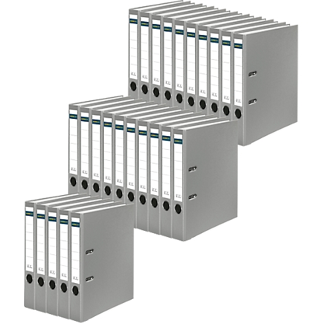 Several gray folders stacked. Each folder has a white label with green and black stripes.