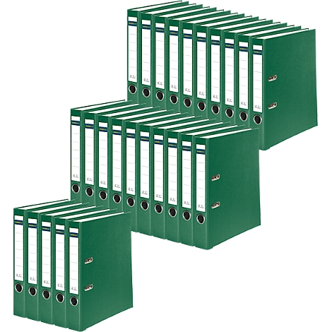 An arrangement of green folders stacked in several rows with white labels.