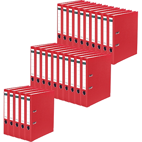 Several red lever arch files in stacks. Some have blank, writable labels.