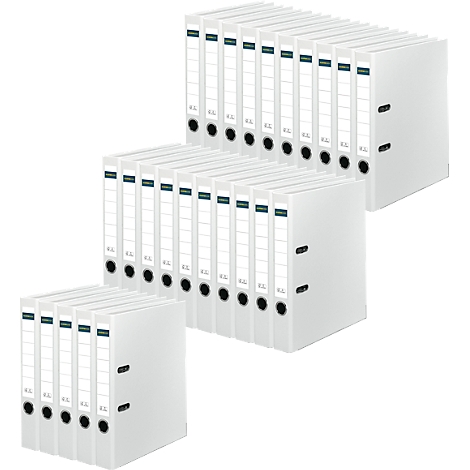 Several white binders with dark green stripes, stacked.