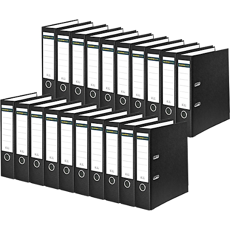 A collection of black file folders standing next to each other. The folders have white label fields.