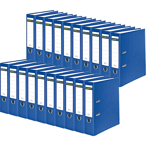 Blue binders, white label, arranged in a stack.