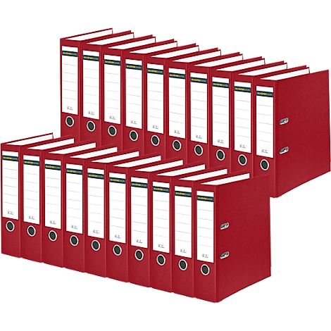 Arrangement of red file folders with white label areas and green stripes.