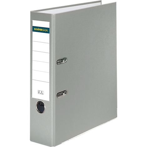 Grey file folder with a labeled spine, slightly open.