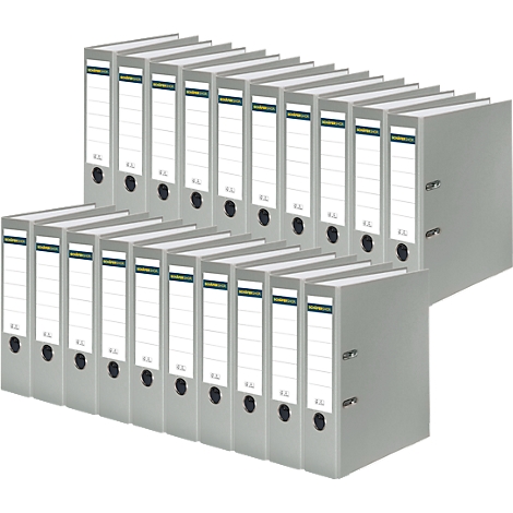 Grey binders, stacked, with white labeling fields and green accents.