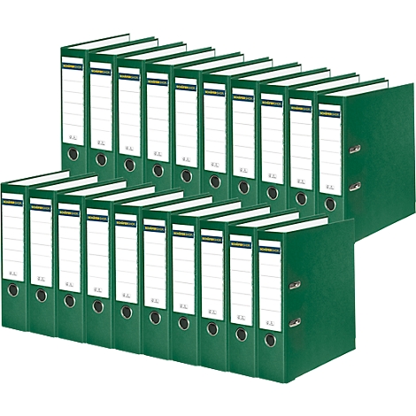 Green ring binders, arranged in rows, with white labels.