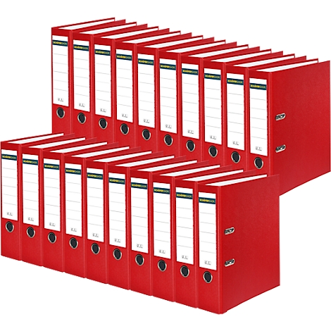 Red file folders, stacked in two rows, with white labels and metal eyelets.