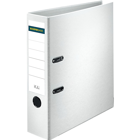 White binder with black handle and label.