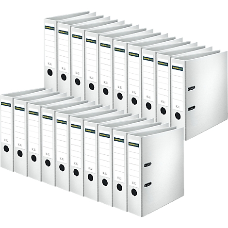 An arrangement of white binders standing in a row.