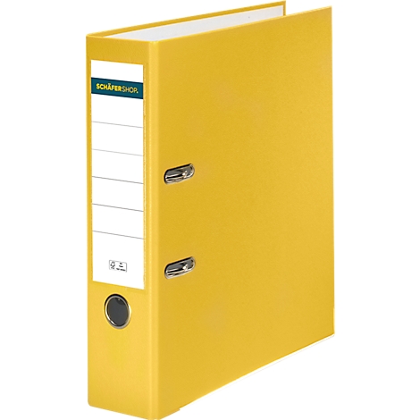 Yellow file folder with label field, metal brackets and round hole.